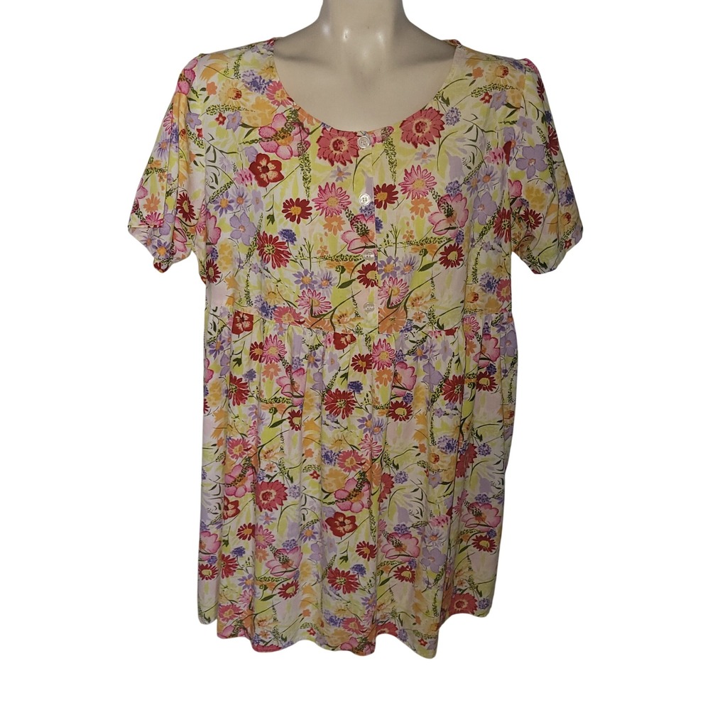 Sita Floral Print Button Front Gathered Waist Dress L grandmacore colorful comfy